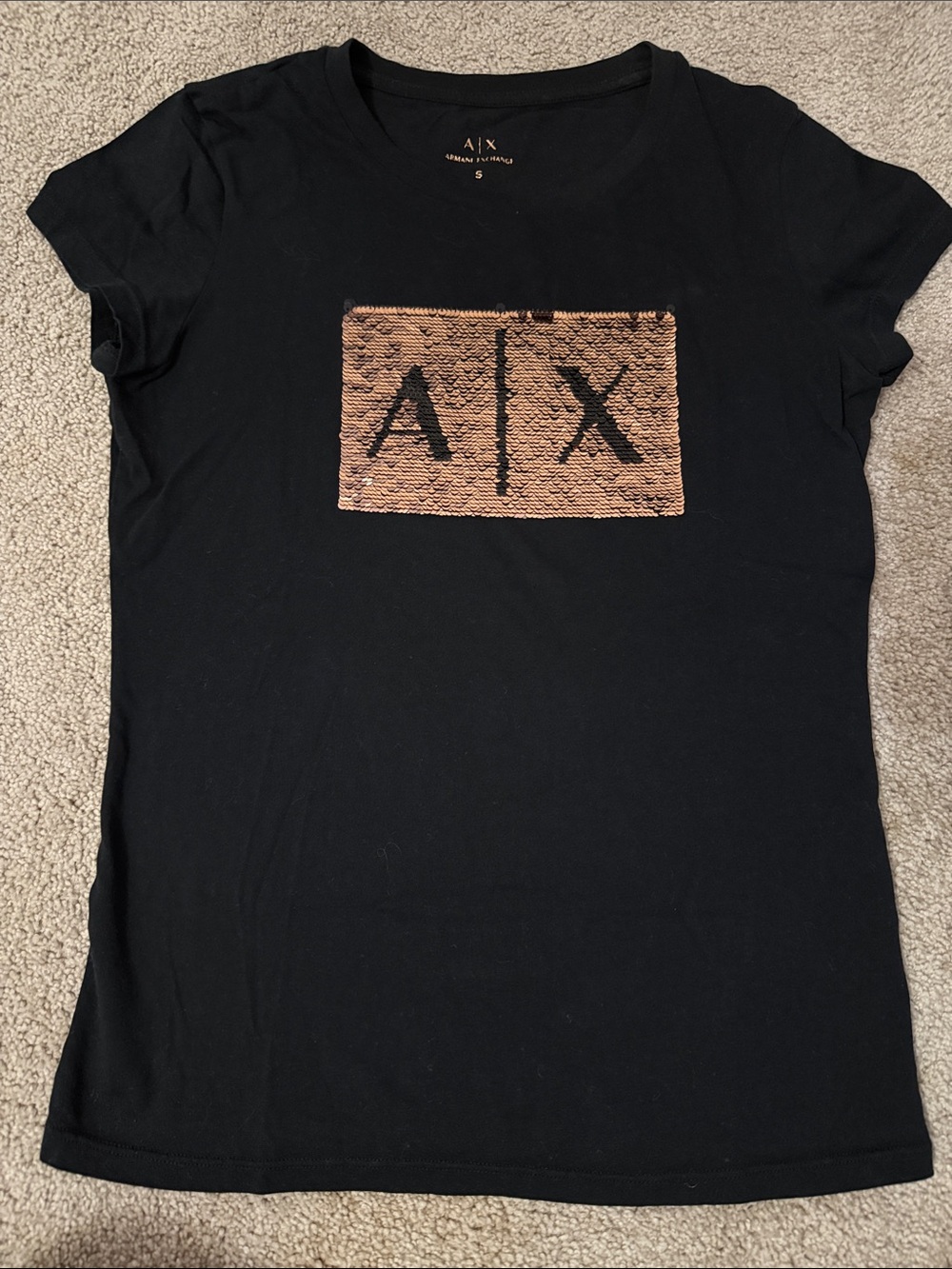 Armani Exchange Black Tee with Rose-Gold Sequin AX Panel